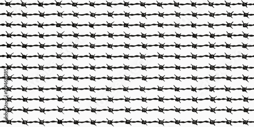 Seamless pattern of black barbed wire with sharp points on a white background