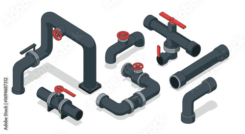Isometric set of plumbing pipes and valves with red handles