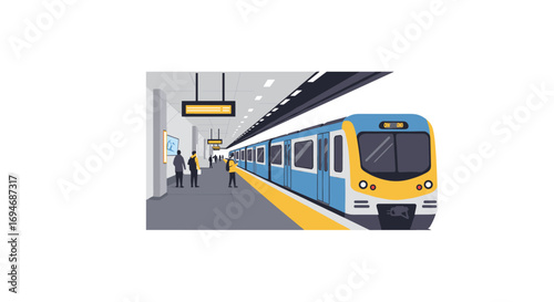 Modern urban metro train station with commuters in flat style