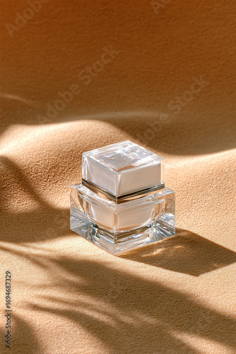 Premium cosmetic jar with warm and neutral tones. A closeup shot of an elegant skincare. 