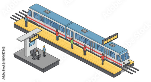 Isometric city train station with commuters on platform