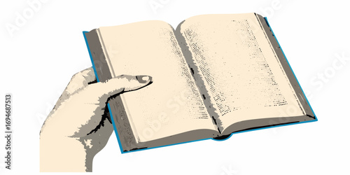 Stylized illustration of a hand holding an open book with textured pages and a blue cover