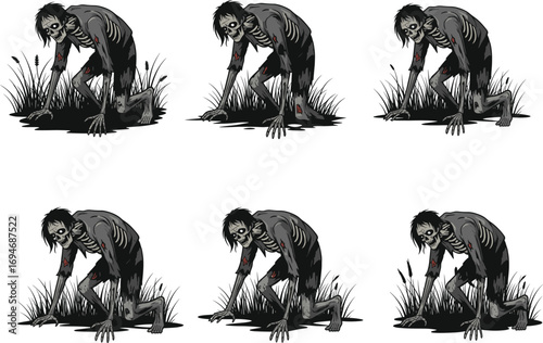 Creepy zombie skeleton character crawling in swamp, horror undead monster, scary Halloween illustration, spooky walking dead, dark horror art.
