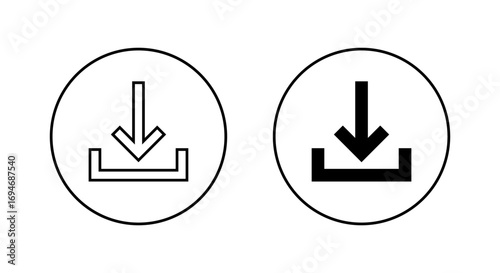 Download, save icon in circular outline. Down arrow with base line symbol