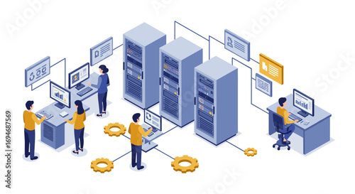 Modern data center isometric design with team managing servers and network connections