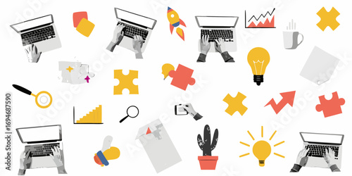Collage of business and startup icons including laptops puzzles lightbulbs charts and a rocket ship