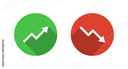 Up and down arrow icon with long shadow. Growth and decline trend symbol. Market increase or decrease concept
