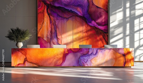 Modern reception desk with vibrant abstract art