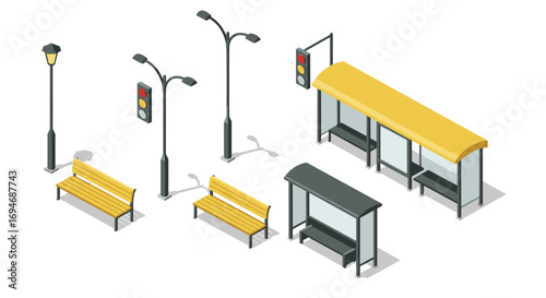 Urban isometric architecture featuring bus stop with benches and street lights