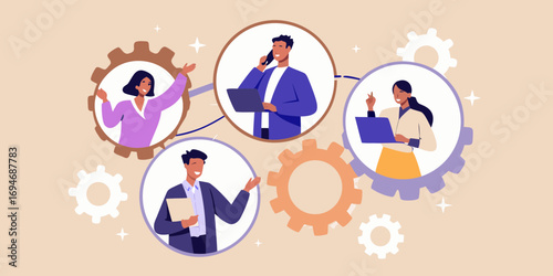 Diverse team members collaborating and communicating effectively within a connected network of gears representing teamwork and synergy