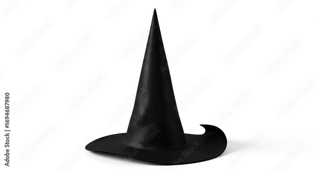 Fototapeta premium Black witch hat with a tall cone and curled brim stands on a white background