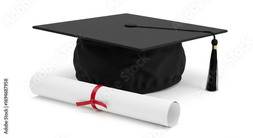 Black graduation cap with tassel next to a diploma tied with a red ribbon on a white background