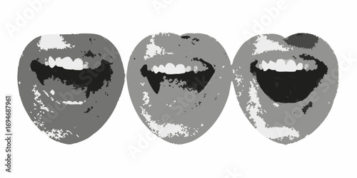 Three stylized mouths with open lips showing teeth and fangs in a grayscale abstract illustration