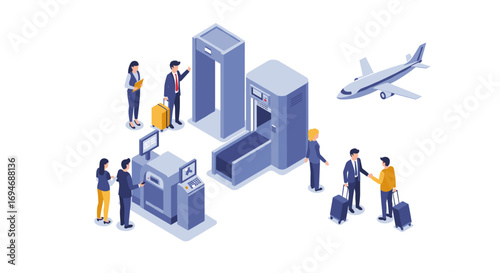 Isometric airport security checkpoint with travelers and airplane