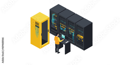 Isometric data center management with server racks and it technician