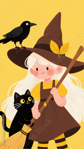 Color flat illustration of a Halloween postcard of a little girl in a witch costume with a broom next to which her faithful companions are a cat and a crow. Vector graphics. EPS.