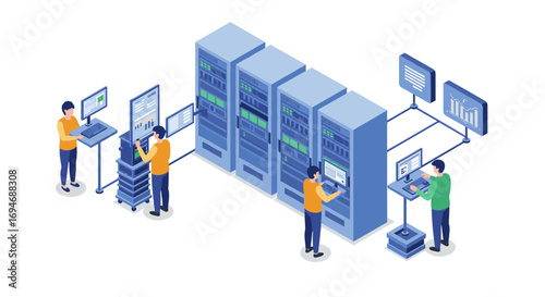 Isometric data center with it engineers managing servers and analyzing information