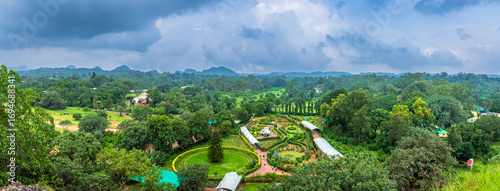 Panoramic view of Pachmarhi valley having clouds and mist shrouded hills rolling on each other from Pandava Caves top point in Pachmarchi, Madhya Pradesh, India.