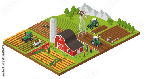 Isometric farm scene with barn, tractors, and crops in a rural landscape