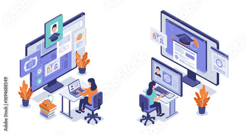 Remote work and virtual communication in modern office setting with isometric design