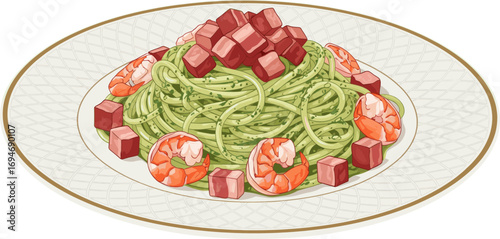 Shrimp and Ham Pesto Spaghetti with Genovese Sauce