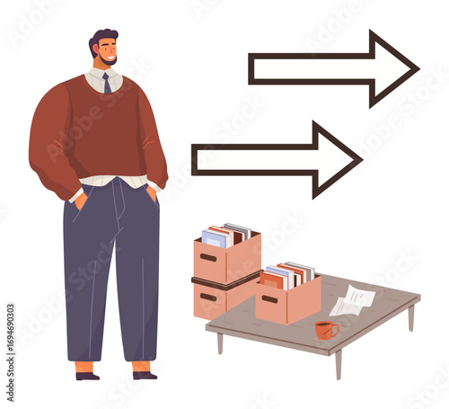 Businessman in casual office attire beside file boxes on a table, large arrows indicating direction. Ideal for business transition, career development, workflow, organization, task management