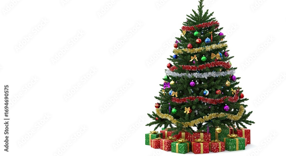 Naklejka premium Decorated Christmas tree stands with gift boxes beneath against a white background