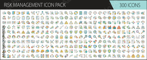 Risk Management Icon Pack for Business Safety - Vector collection of 300 colorful risk management icons, illustrating safety, warning, insurance, analysis, and protection concepts for professional use