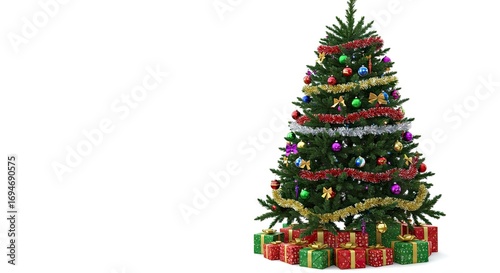 Decorated Christmas tree stands with gift boxes beneath against a white background