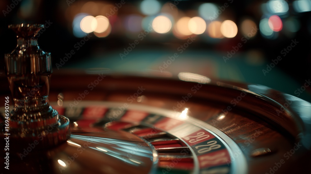 Obraz premium Close-up of a spinning roulette wheel in a dimly lit casino, emphasizing the thrill and anticipation of gambling.