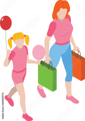 vector illustration of a mother and a daughter shopping