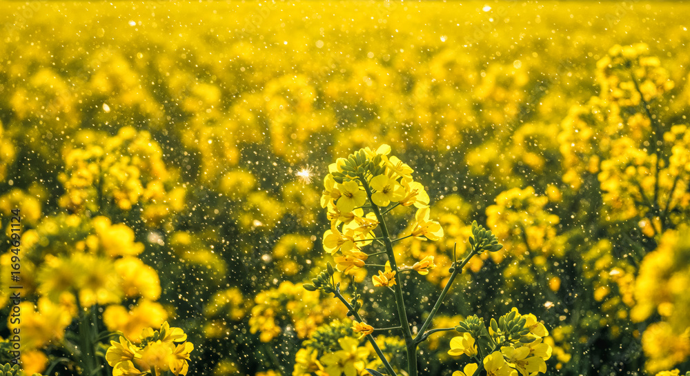 Fototapeta premium A vibrant field of yellow flowers under sunlight. Pollen particles are visible in the air, highlighting the allergy-related theme of the scene.