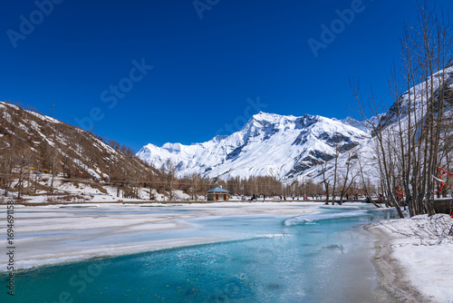 Sissu Lake located near waterfall in the scenic Sissu Valley is a popular tourist destination to enjoy vacations among tourist who visits most popular hill station Manali, Himachal Pradesh, India.