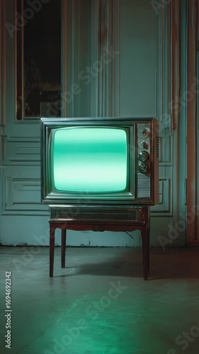 Old television with green glow on small stand in room. Suitable for retro design projects or nostalgic concepts. Vintage vibes.