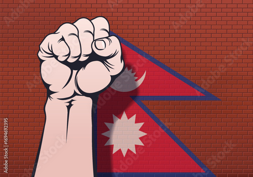 Vector human clenched powerful male fist and unusual Nepalese flag. Brick wall. Protests in Federal Democratic Republic of Nepal. Riot