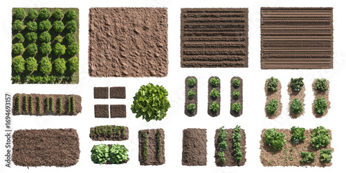 Overhead View of Various Garden Plots and Agricultural Elements agriculture farming isolated on a transparent background