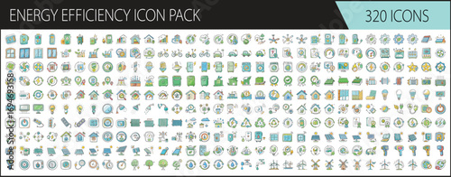Energy efficiency and renewable resource icon set - Collection of 320 colorful energy efficiency icons featuring renewable power, eco-friendly solutions, sustainability, green technology