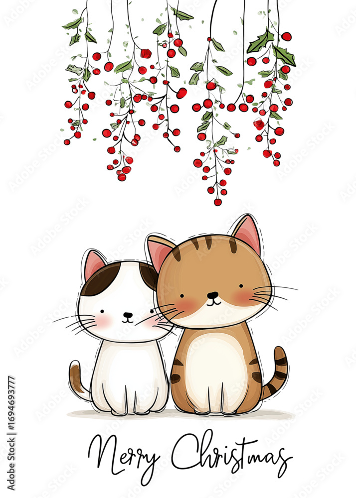 Obraz premium Cute kittens with red berries background wishing Merry Christmas 