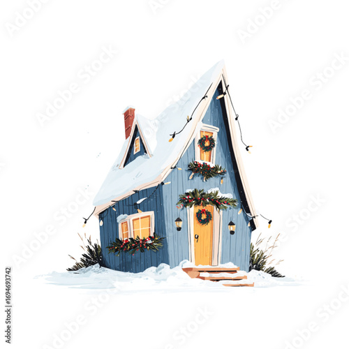 Cozy blue house decorated for Christmas in snowy winter setting  