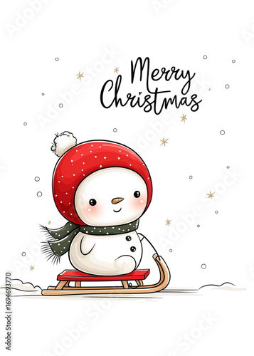 Snowman sledding in winter with festive Christmas hat and scarf  