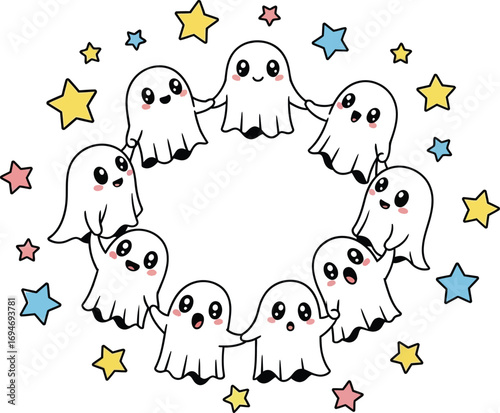 Cute cartoon ghosts holding hands in a circle with stars