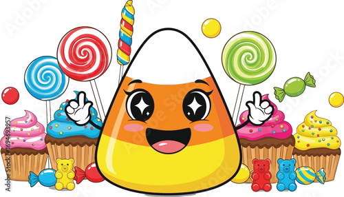 Joyful candy corn character with sweet treats and lollipops