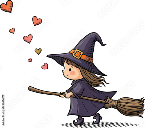 Charming witch flies with hearts, bringing magic and joy