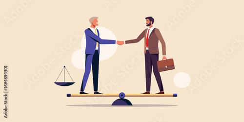 Two businessmen shaking hands on a balanced scale symbolizing fair deal and partnership