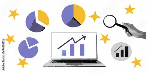 Creative illustration of business analytics and growth with charts graphs and a magnifying glass