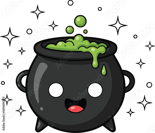 Cute bubbling cauldron with happy face, magic potion, sparkles