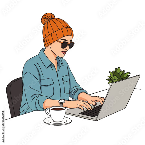 Stylish woman focused on laptop working remotely with coffee, embracing modern freelance lifestyle
