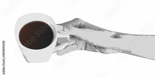 Close up of a hand holding a steaming cup of dark coffee against a white background