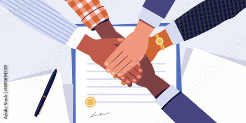 Diverse group of hands stacked together over a contract document symbolizing teamwork and agreement