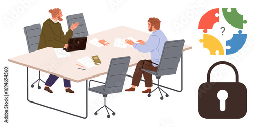 Two colleagues collaborate at a desk with laptops and papers, brainstorming solutions. Ideal for teamwork, creative problem-solving, strategy, security, partnerships, innovation confidentiality. A